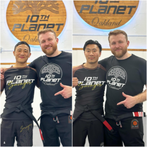 Stephen Choi and Alan Chang after receiving their black belts from Michael Hillebrand at 10th Planet Oakland
