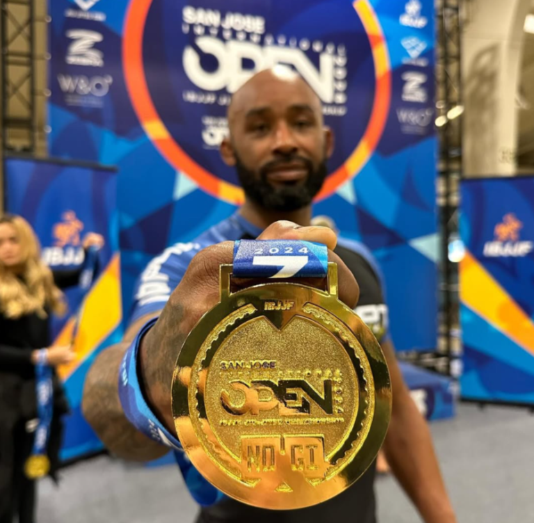 10th Planet Oakland wrestling coach Anthony Ancheta with his gold medal at the 2024 IBJJF San Jose Open