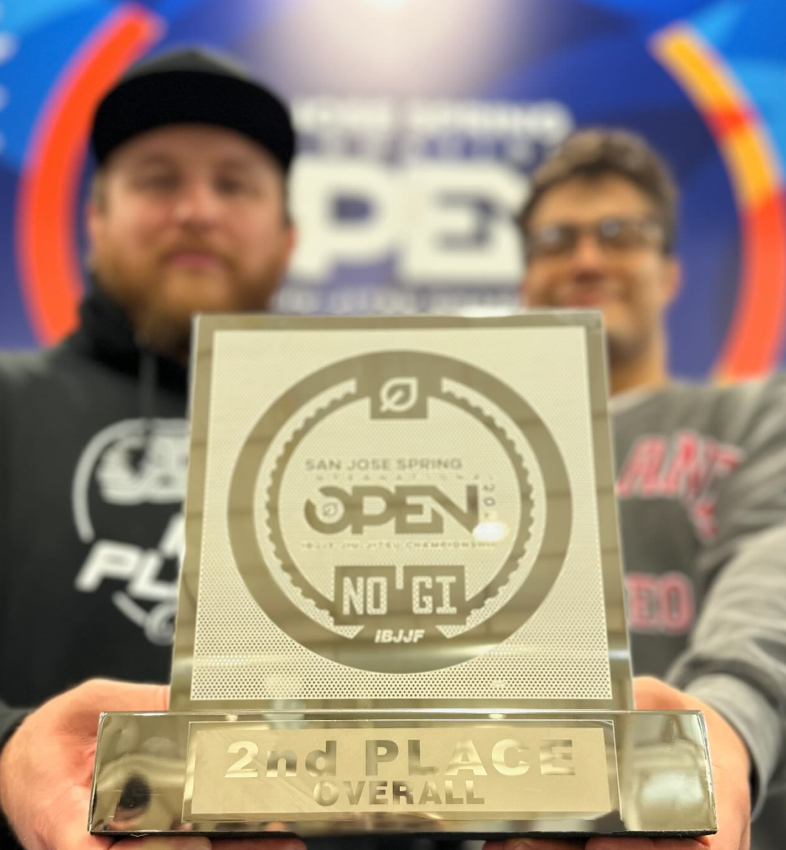 Michael Hillebrand and Alan Sanchez with the 2nd place team trophy at the IBJJF San Jose Open